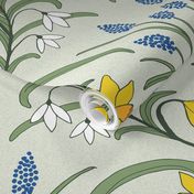 Art Nouveau daffodils, snowdrops and grape hyacinths in spring colours for welcoming walls