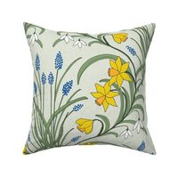 Art Nouveau daffodils, snowdrops and grape hyacinths in spring colours for welcoming walls