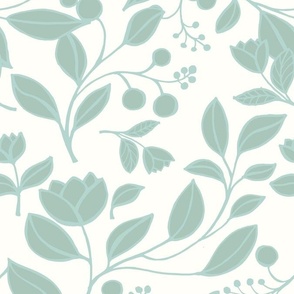 Floral Drawing In Mint Greens on Off White