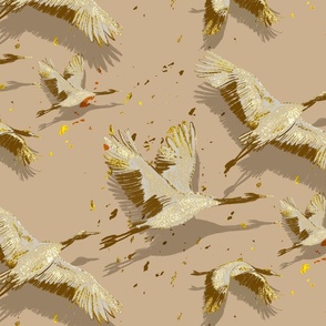 Japanese Cranes With Texture Gold & Beige Background 26.67"