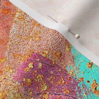 inviting impasto copper abstract wallpaper, aqua green, metallic magenta, chalk pastel pink,  pale yellow with gold speckles