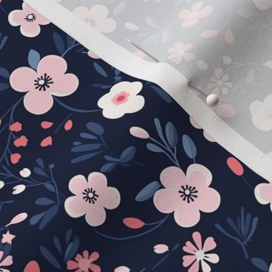 Navy Blue with Tiny Pink Flowers