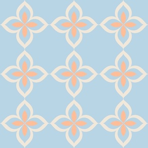 Fabric Edition Quatrefoil Flower in peach and cream on blue