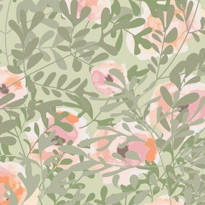 soft orange poppies and green leaves