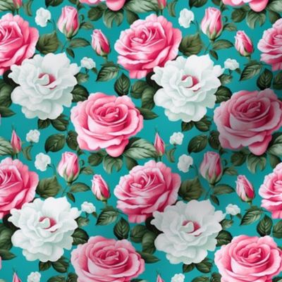 Elegant Floral Light Pink and White Roses on Turquoise Traditional Flower Garden