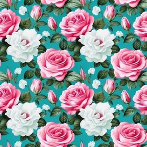 Elegant Floral Light Pink and White Roses on Turquoise Traditional Flower Garden