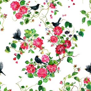 handpainted rambling roses and blackbirds smaller scale