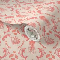 Textured Hand-drawn Coastal Damask with Ocean Animals for Pantone 2024 - Small