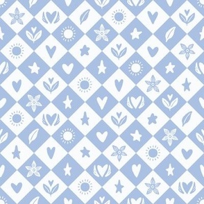 Borage Flower, Hearts, and Stars Diamond Blocks - Periwinkle Blue - Medium Scale - Pastel Design for Kids Nursery Decor
