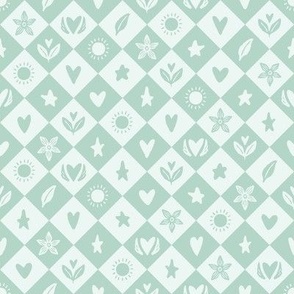 Borage Flowers, Hearts, and Stars Diamond Blocks - Mint and Sage Green - Medium Scale - Pastel Design for Kids Nursery Decor