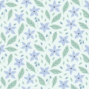 Cottagecore Borage Flowers & Leaves Pattern - Mint Green + Sage Green + Periwinkle Blue - Medium Scale - Cozy Floral for the Gardener and Herbalist