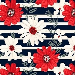 Lively Navy Blue and White Stripe with Red Daisy Flowers