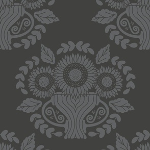 Large Traditional Damask Sunflower Floral in Charcoal Gray Black