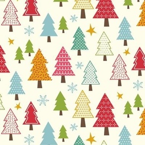 Whimsical Patterned Trees in Retro Color Palette with Snowflakes on Cream Medium Scale