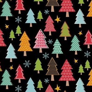 Whimsical Patterned Trees in Retro Color Palette with Snowflakes on Black Medium Scale