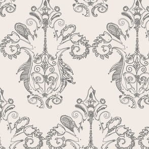 hand drawn damask floral pattern, soft creamy peach and gray