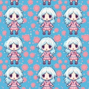 blue haired anime girl with pink floral background