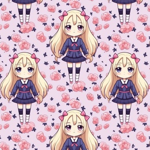 blonde anime girl wearing a sailor suit with pink roses in background