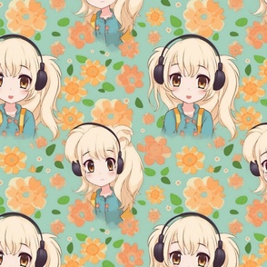 blonde anime girl wearing headphones with orange floral background