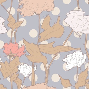 coral/pink roses on blue and white dot