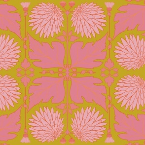 Vintage Floral Art Nouveau Dahlia Hot Pink and Chartreuse Green