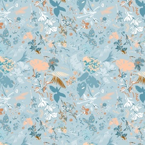 Ethereal Symphony: Big Florals in Soft Blue, White, Peach Colors - Dreamy Floral Pattern for Fabric