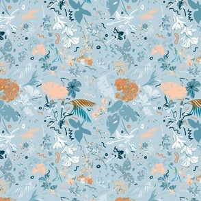 Soothing Blooms Symphony: Big Florals in Terracotta, Blue, Peach Colors - Elegant Floral Pattern for Fabric