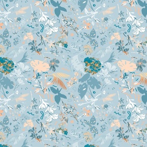 Tranquil Elegance: Big Florals in Turquoise, Blue, Peach Colors - Graceful Floral Pattern for Fabric