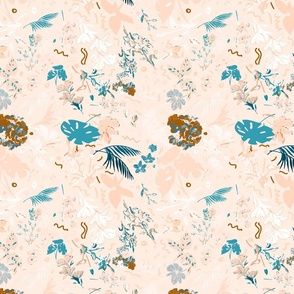 Harmony in Bloom: Big Florals in Turquoise, Terracotta, and Peach - Artistic Floral Pattern for Fabric and Home Decor