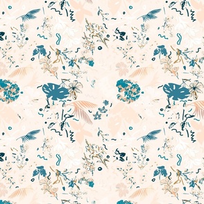Serene Elegance: Big Florals in Turquoise, White, and Peach - Artistic Floral Pattern for Fabric and Home Decor