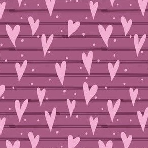 Baby pink hearts on burgundy red stripes, hand drawn