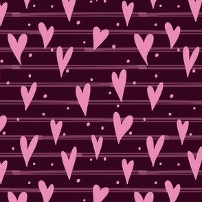 Dusty pink hearts on dark berry red, hand drawn hearts and stripes