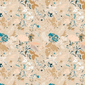 Tranquil Harmony: Big Florals in Turquoise, Yellow, Beige, and Peach - Captivating Floral Delight for Fabric and Home Decor