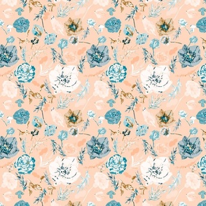 Whispers of Nature: Big Flowers in Peach and Blue - A Tranquil Floral Symphony for Fabric and Home Decor