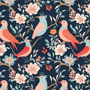 all the birds and flowers in red and peach
