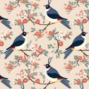 art novueau birds and flowers in blue and red 