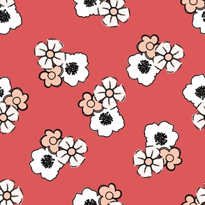 peach, white and black floral dot on coral background