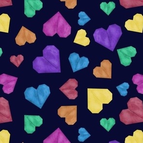 Rainbow Origami Hearts on Navy Blue Large Scale