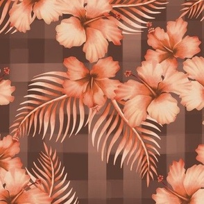 HAWAIIAN HIBISCUS GINGHAM : PINK AND BROWN :