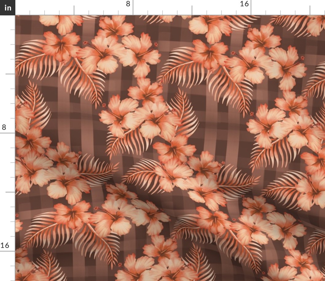 HAWAIIAN HIBISCUS GINGHAM : PINK AND BROWN :
