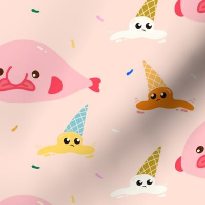 Blob Fish with Upside Down Ice cream Cones on light salmon pink background