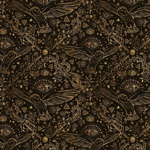 2024 color UPDATED Monochrome Damask  Witch Eclectic golden _ _ sacred dark woodland shadows_brown _Dark Academia_SMALL SCALE