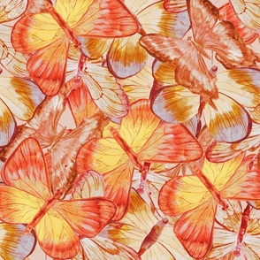 Large Spring butterfly motif, spring red and yellow painted wallpaper