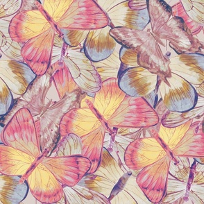 Large Spring butterfly motif, spring blue and pink painted wallpaper