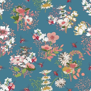 peach and white floral with bees on blue