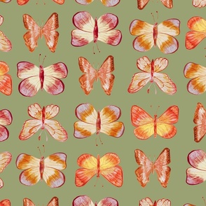 Spring butterfly motif, spring green and red painted wallpaper