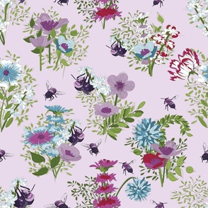 purple and blue floral and leaves with bees