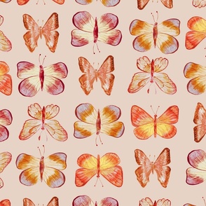 Spring butterfly motif, spring dark, soft pink and red painted wallpaper