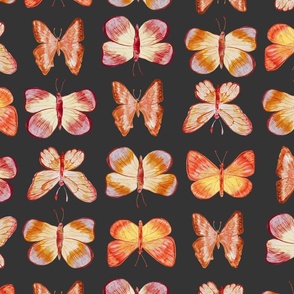 Spring butterfly motif, spring dark, green and red painted wallpaper