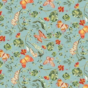 Spring caterpillar and nasturtium botanical motif, spring aqua green and red painted wallpaper